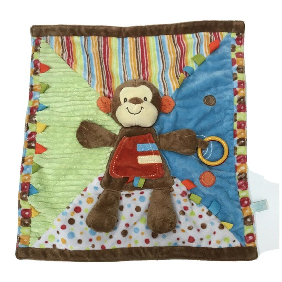 Douglas Baby Blue Monkey Activity Blanket Lovey Taggie Orange Brown Green fleece - Picture 1 of 6